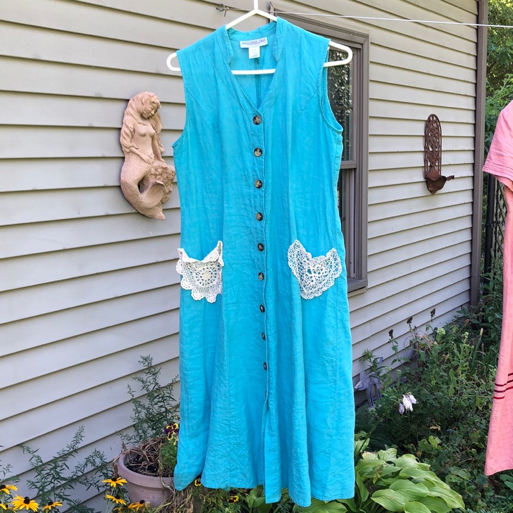 6 Linen Rayon Sleeveless Dress Doily Pockets Button Down Duster V Neck
